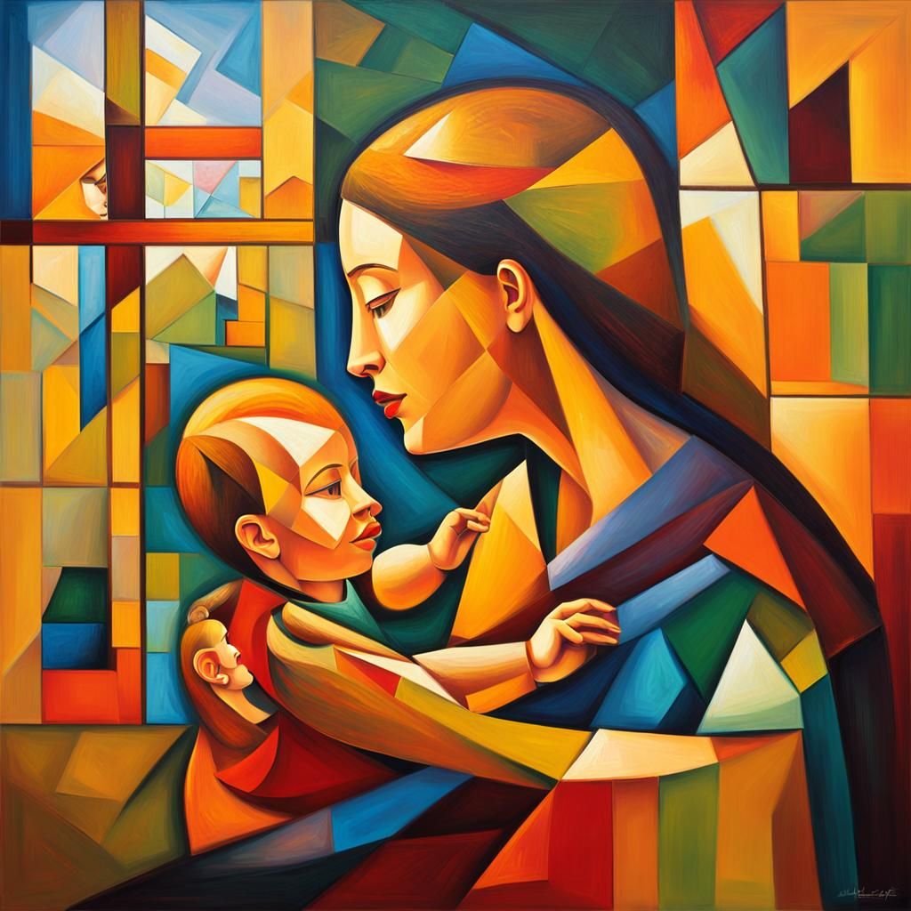 Multicolored Cubist Maternal Love in Vibrant Oil Painting St...