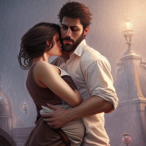 Dramatic Portrait of a Handsome Couple Holding a Pregnant Wo...