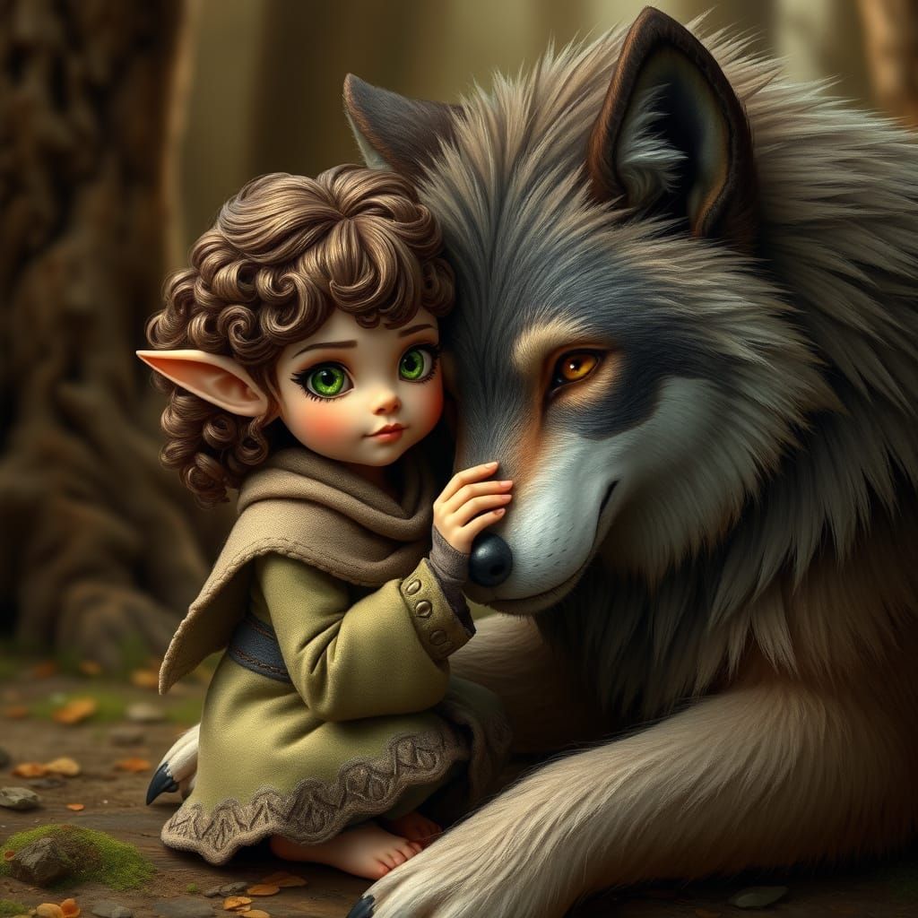 Elf Comforting Wolf in Whimsical Forest