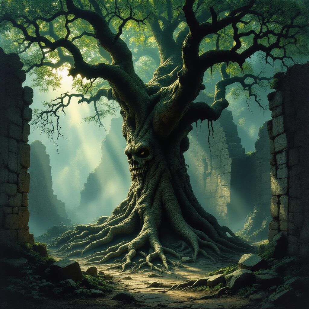 Ancient Tree in Misty Ruin Painting