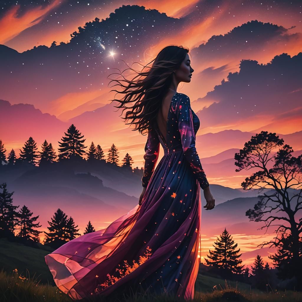 Ethereal Woman Among Starry Skies at Sunset