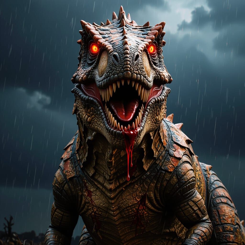 Hyper-Realistic T-Rex in a Dark Storm, Horror Style