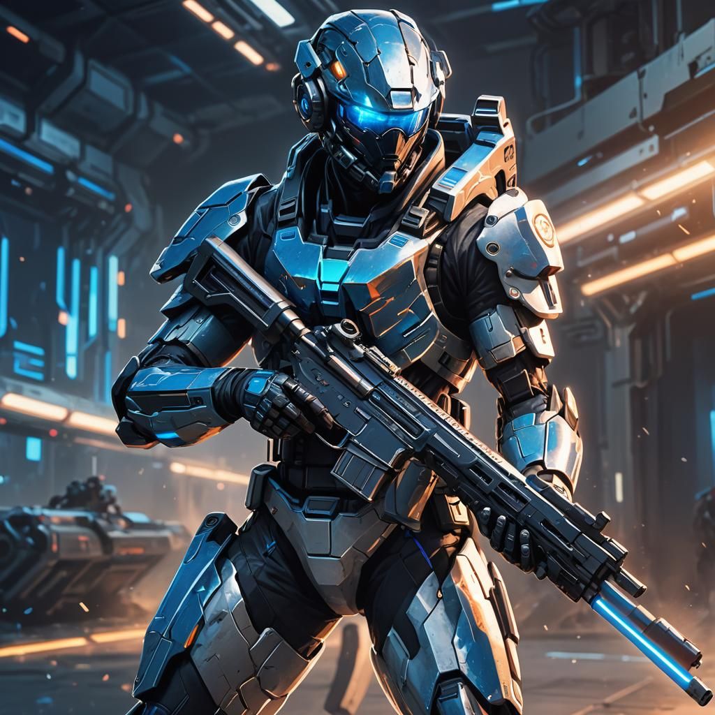 Futuristic Soldier with Cyberpunk Assault Rifle