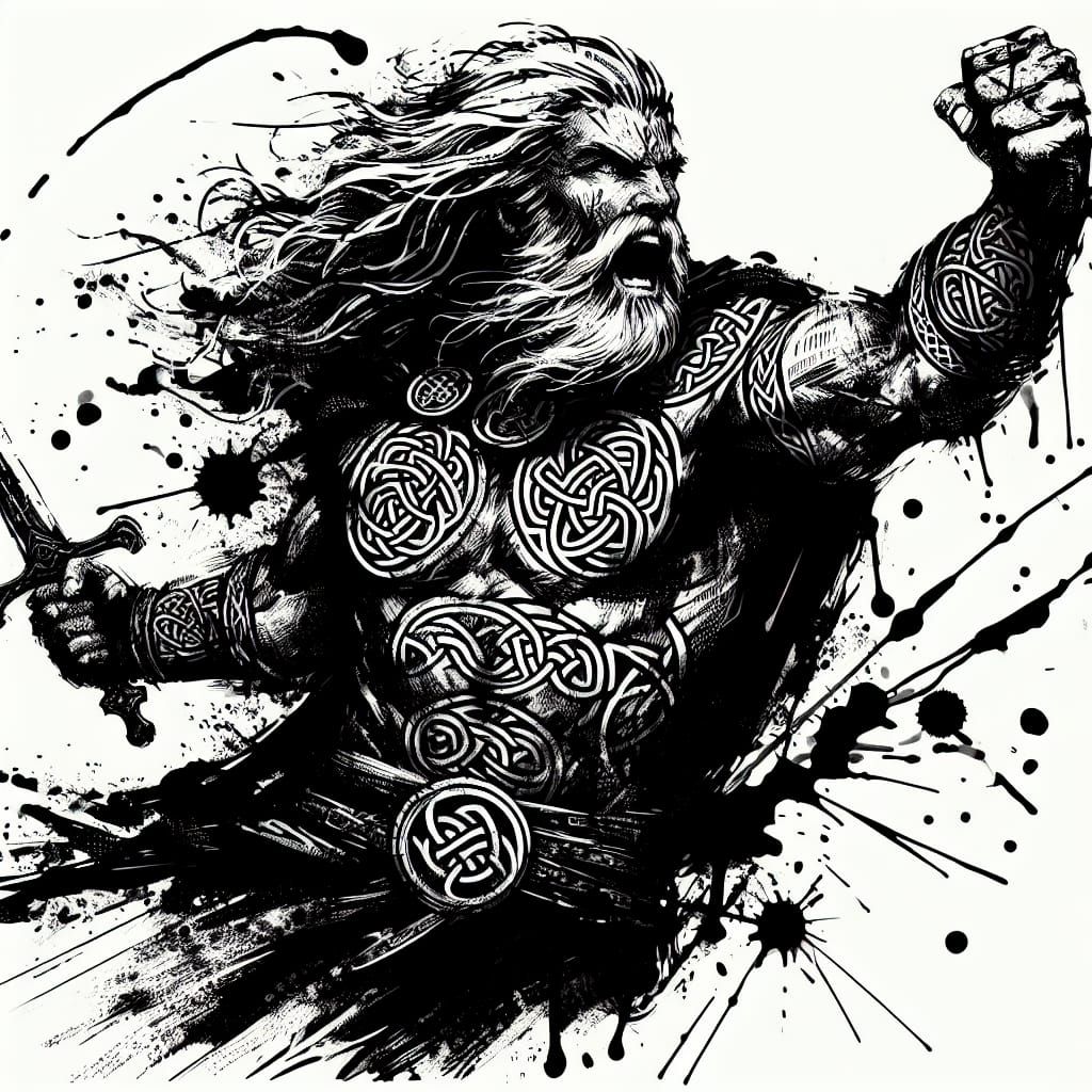 Strong Celtic Warrior in Intense Battle Ink Drawing