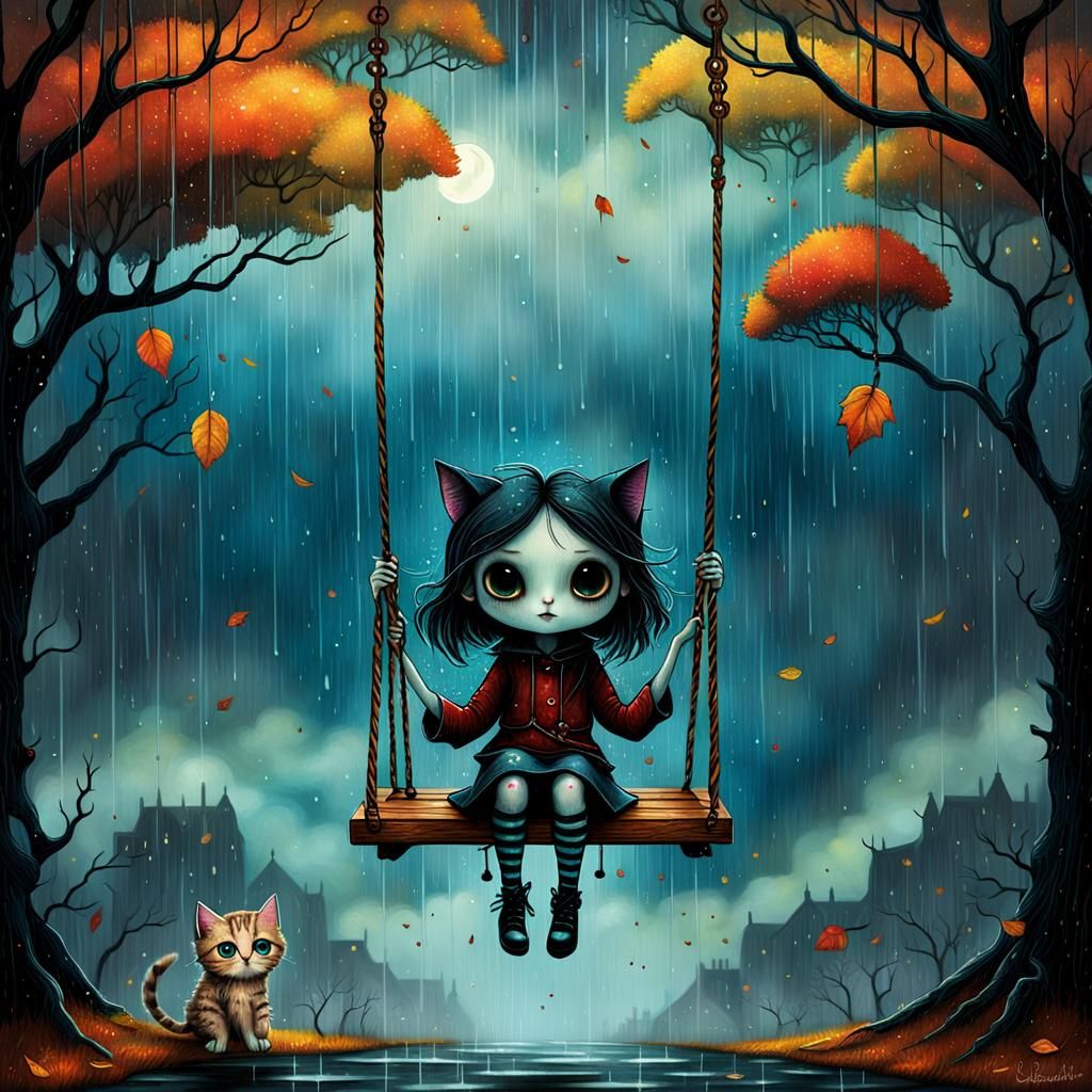 Surreal Autumn Girl Swings with Kitten in Rainy Atmosphere