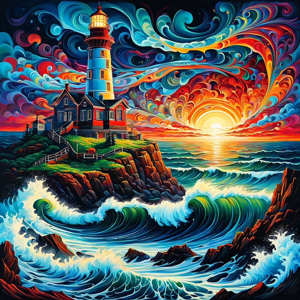 Mythical Lighthouse Landscape in Oil Gouache Painting