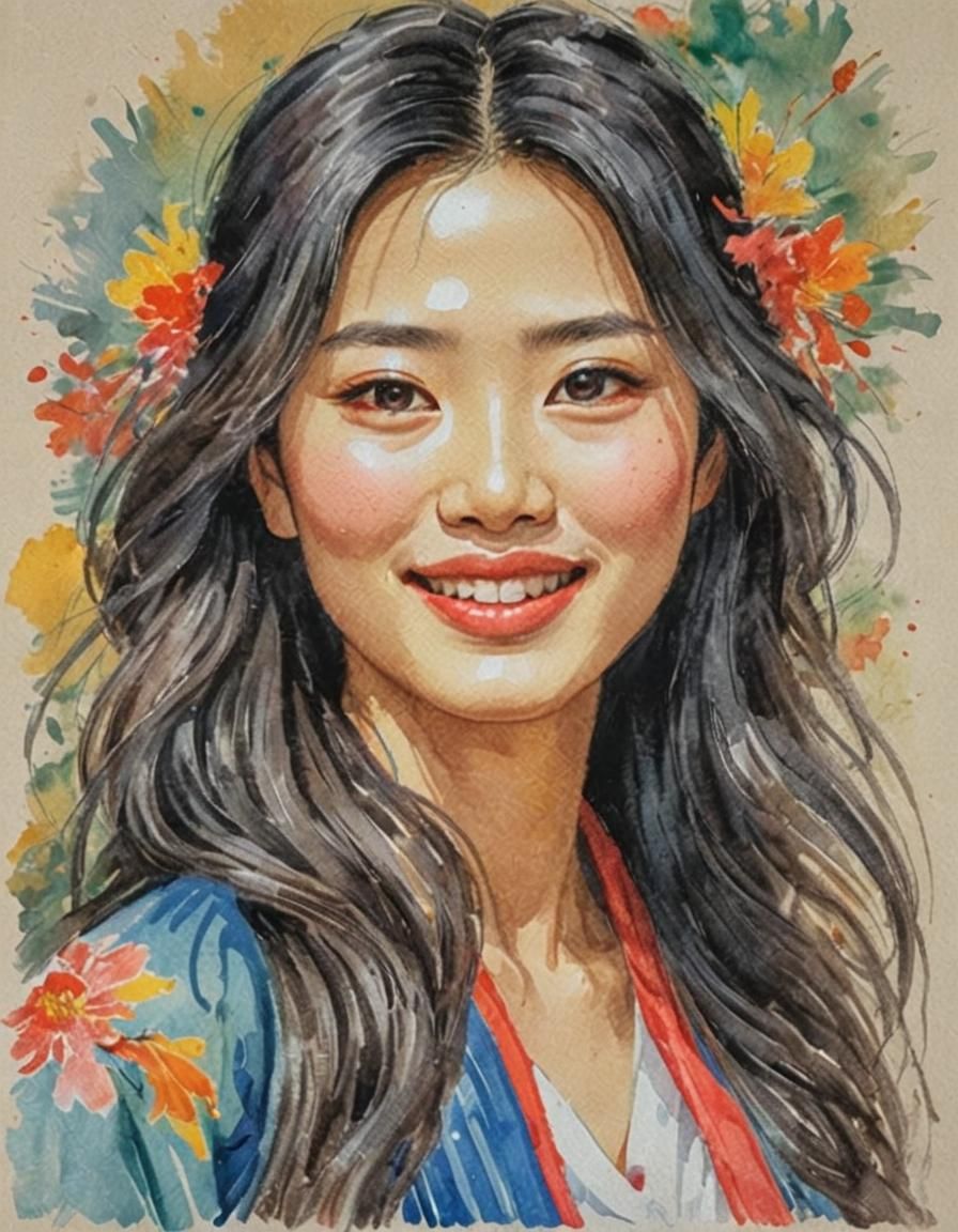 Elegant Korean Goddess in Vibrant Gouache Masterpiece