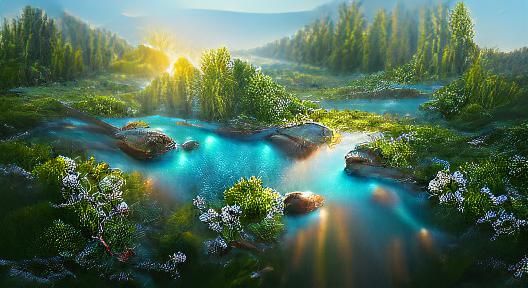 Vibrant Whimsical Forest Meets Serene River in Spring Sunris...