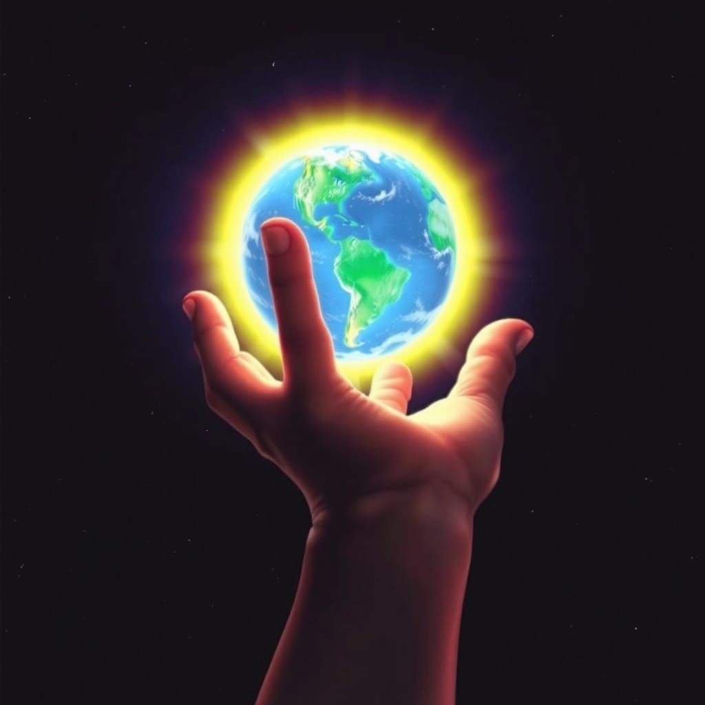 Colossal Hand Holding Earth in Space