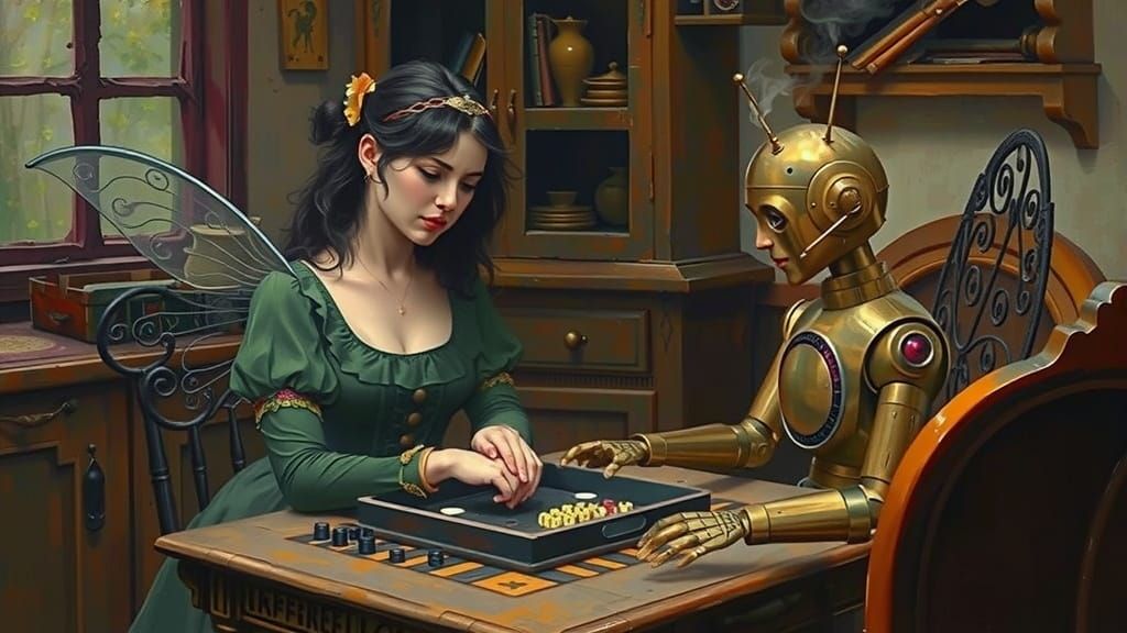 Victorian Era Fairy Plays Backgammon with Brass Robot in Coz...