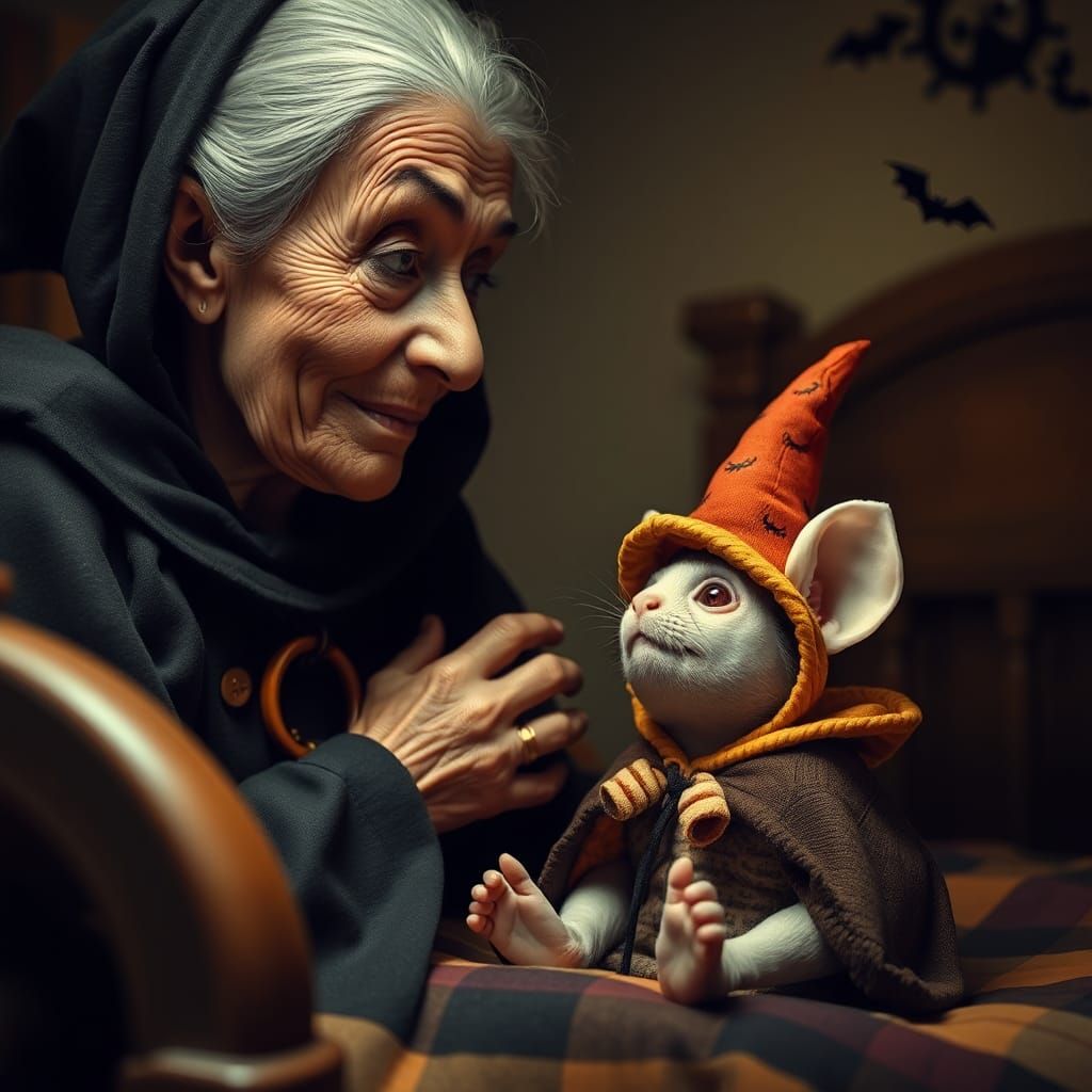 Ancient Granny Lovingly Gazes at Adorable Kitten