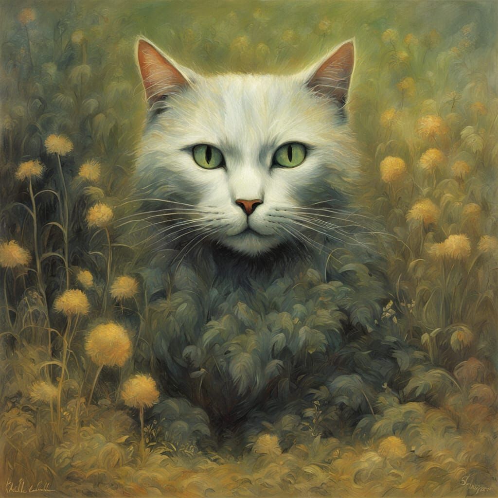 Cat Portrait in Impressionist and Dark Surrealist Styles
