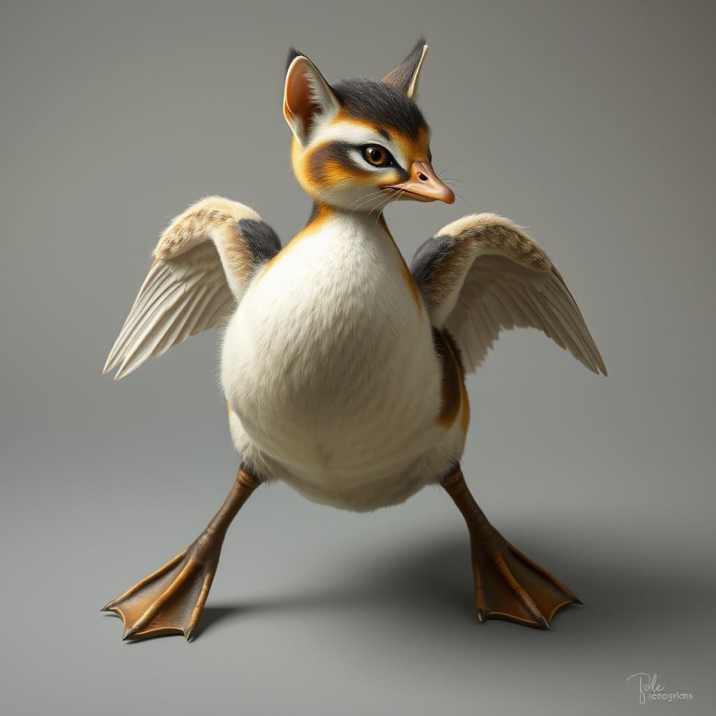 Quacking Feline Hybrid with Duck Wings and Whiskers