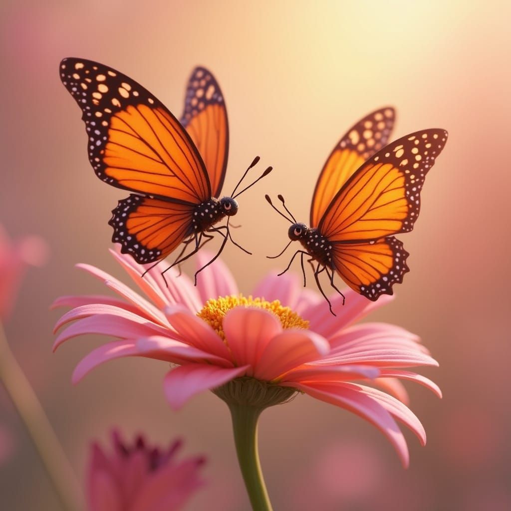 Surprised Butterflies Meeting Over Flower: 3D Digital Art