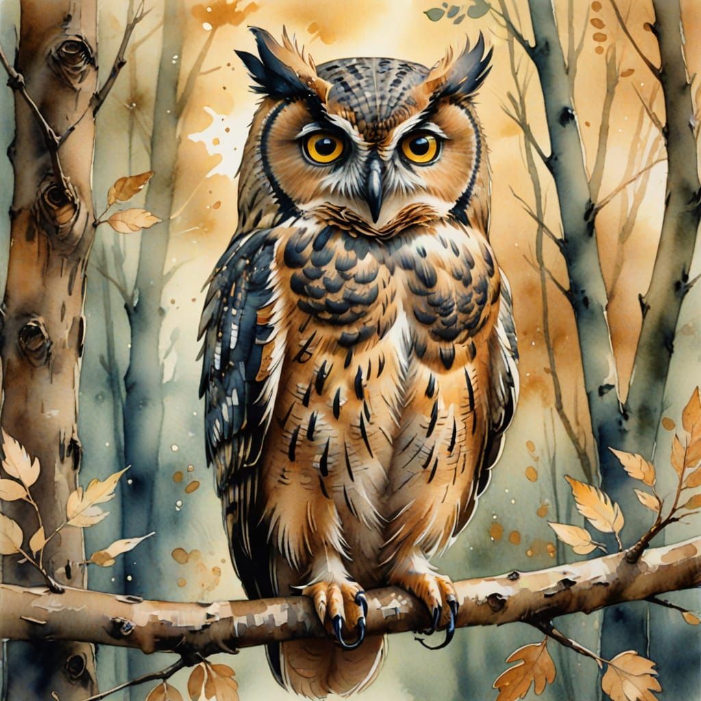 Watercolor Owl Portrait in Whimsical Style