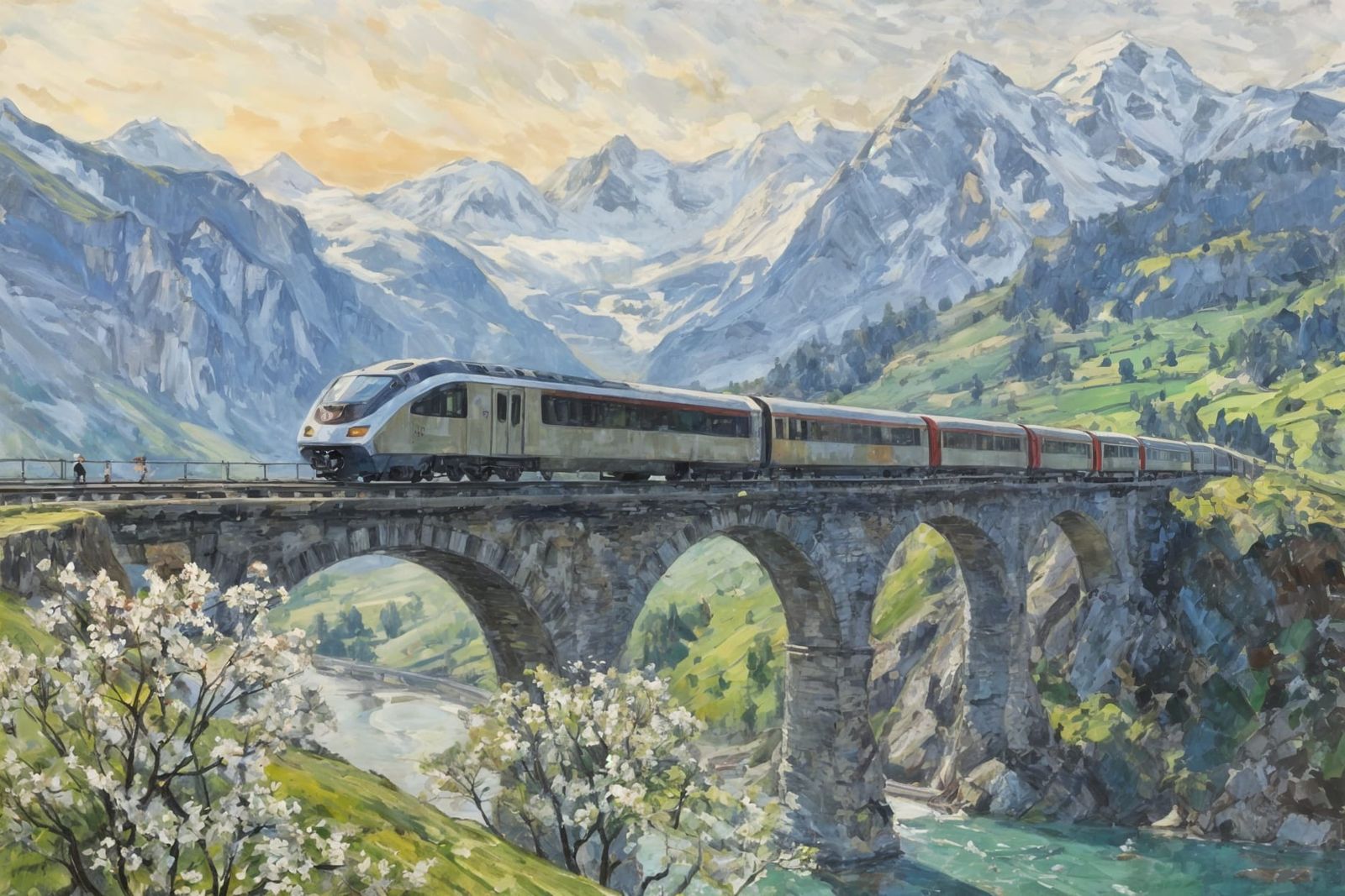 Acrylic Painting of Swiss Alps Train Bridge in Early Morning...