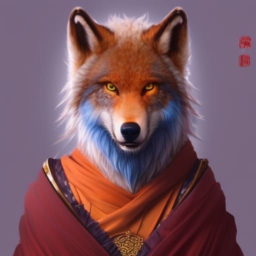 Ethereal Blue Wolf Monk Portrait in Triadic Colors