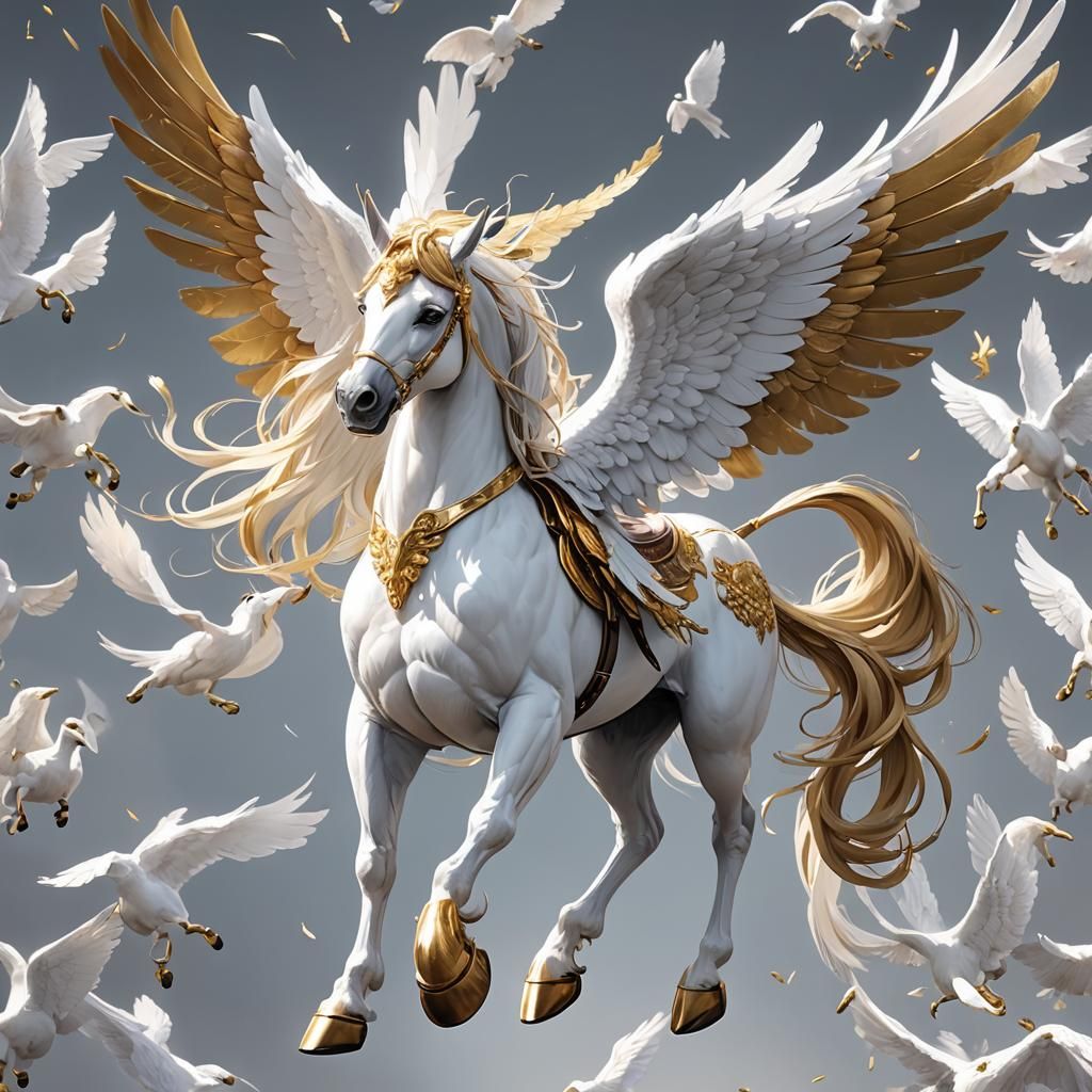 Golden Winged Equine in Anime-Style 3D Art