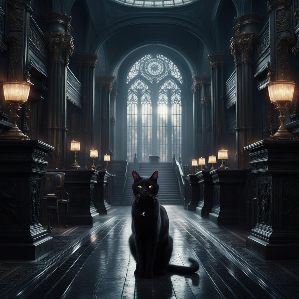 Majestic Black Cat Judge in an Epic Cinematic Scene