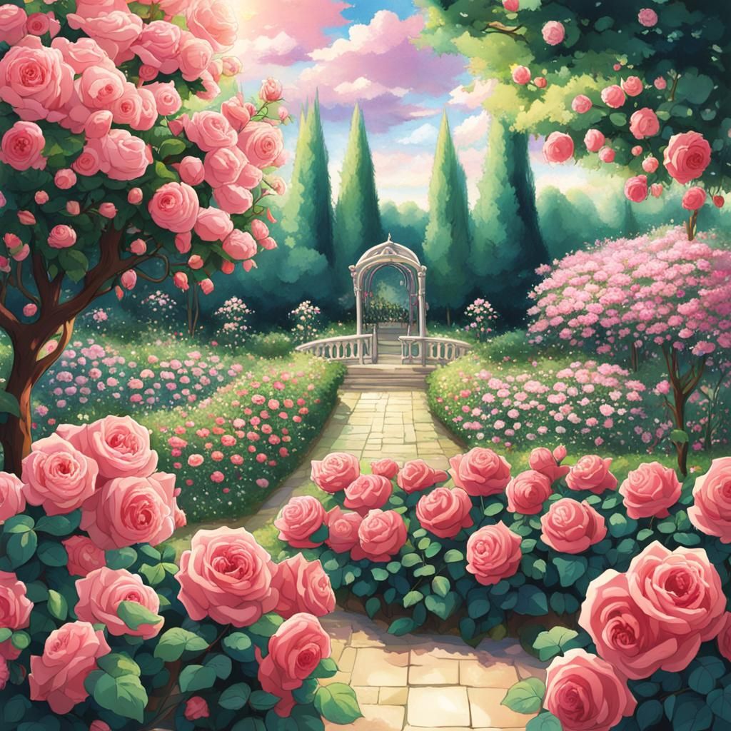 Roses Bloom in a Vibrant Anime Garden