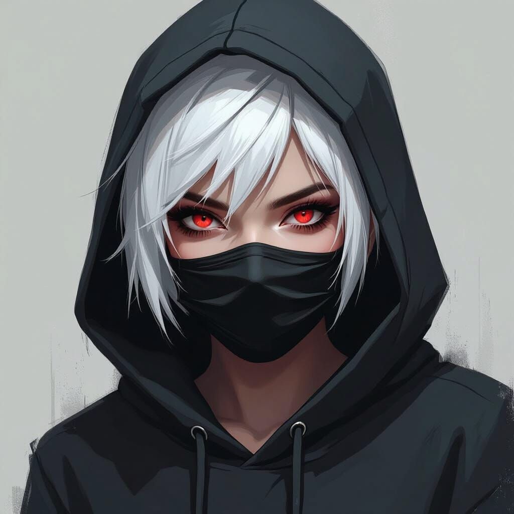 Intense Gaze of Woman in Hoodie with Red Eyes