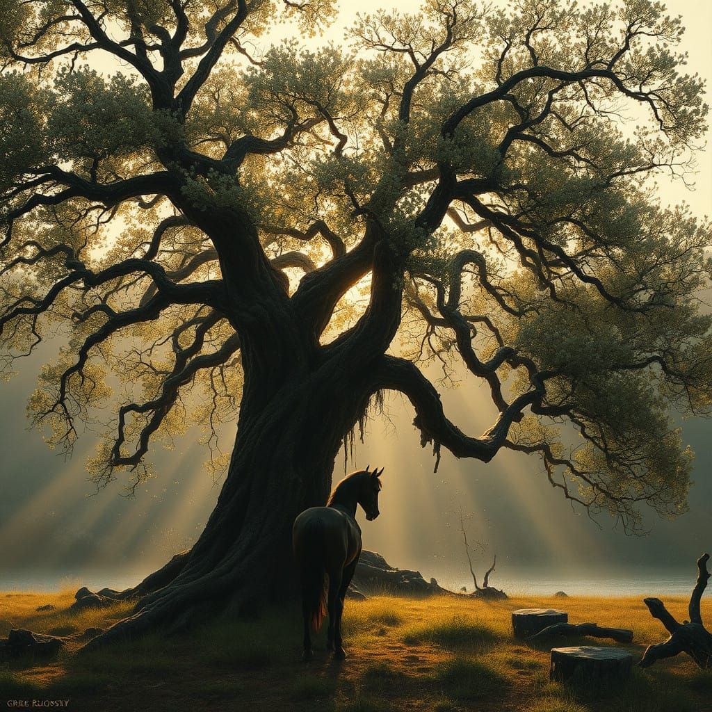 Ethereal Summer Landscape with a Horse Under an Ancient Oak