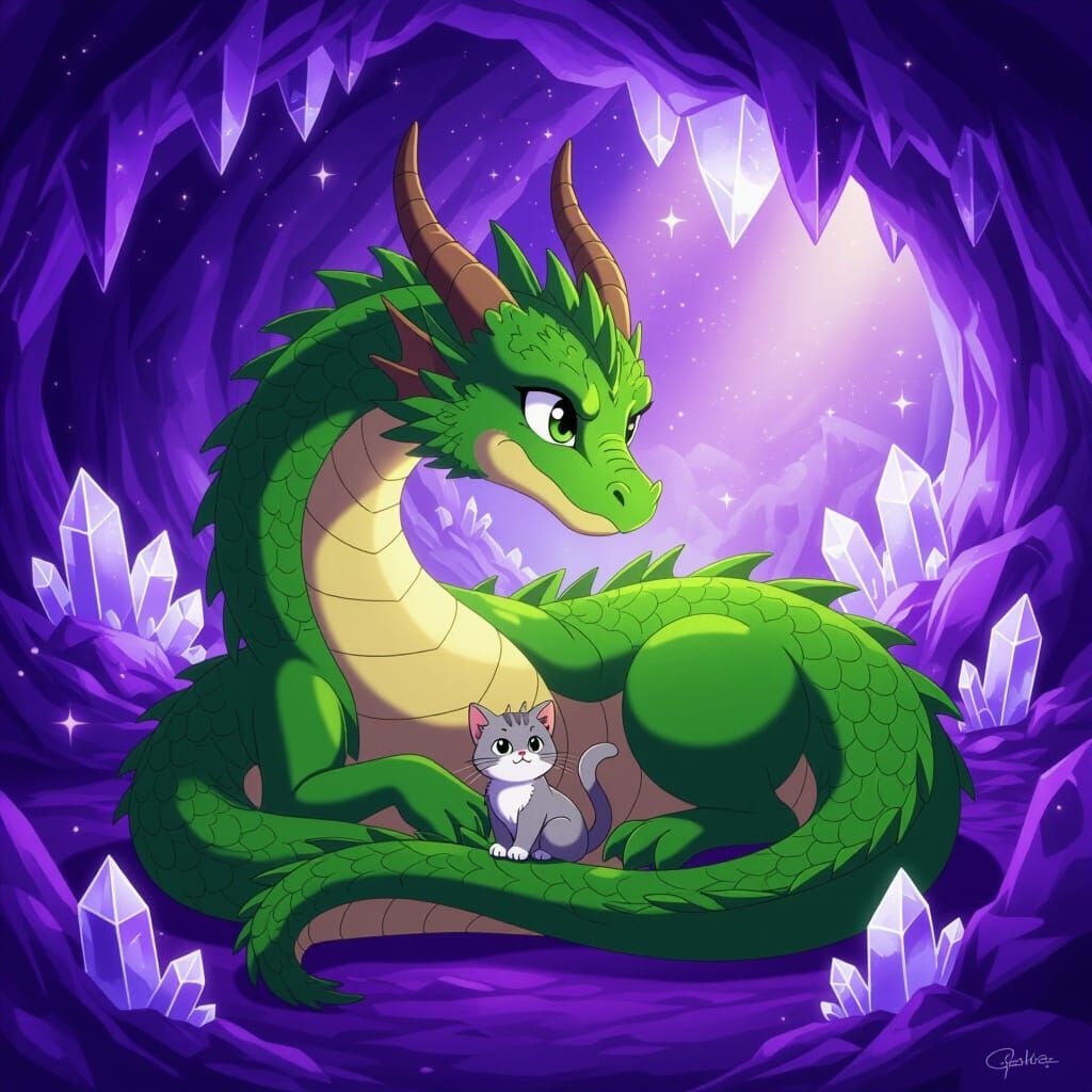 Massive Emerald Dragon & Kitten in Crystal Cave