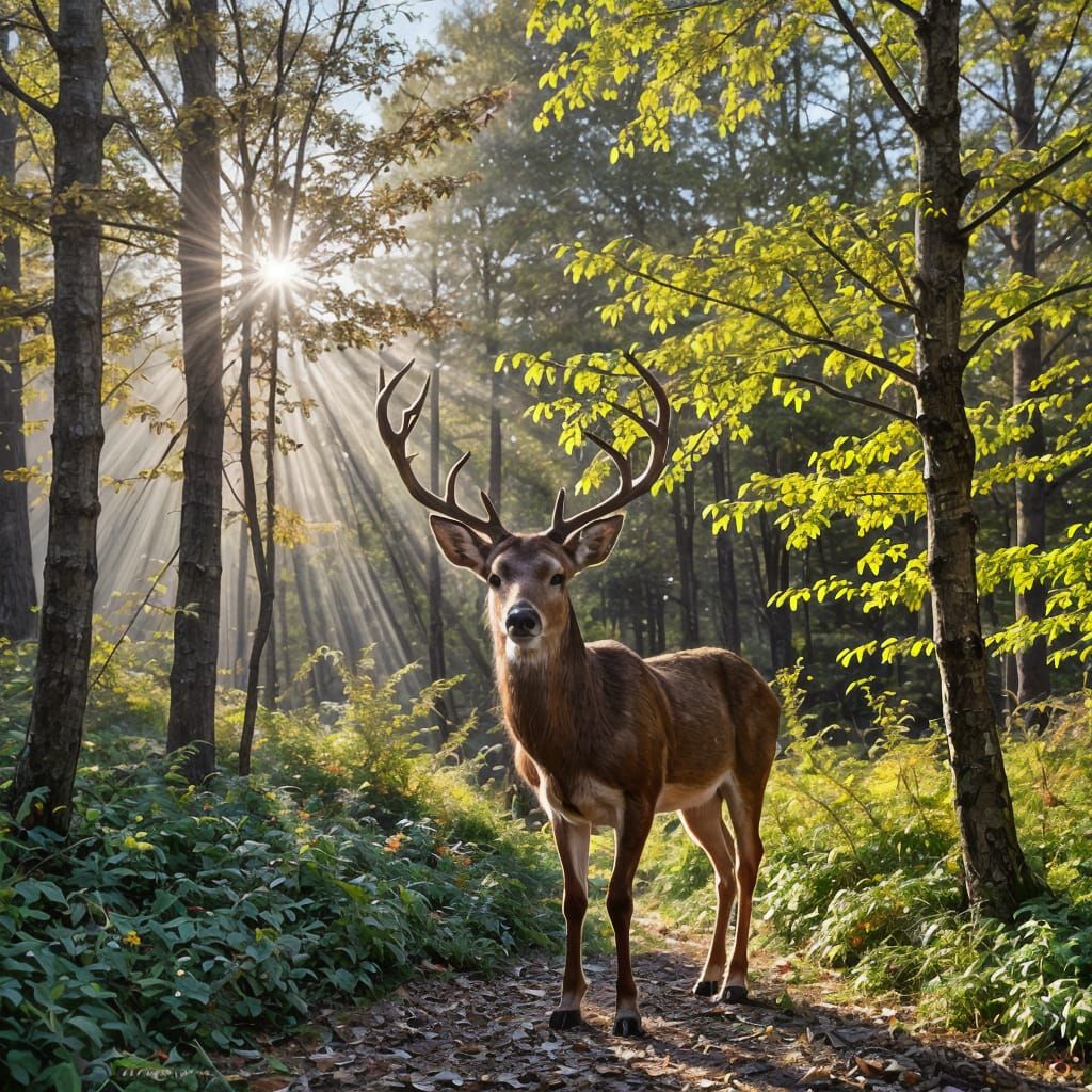 Ray of Sunshine Through Autumn Forest Branches