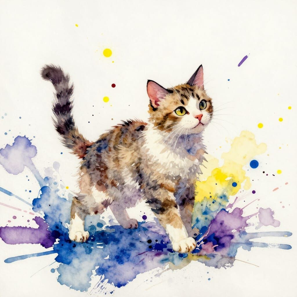 Mischievous Cat in Watercolor Explosion