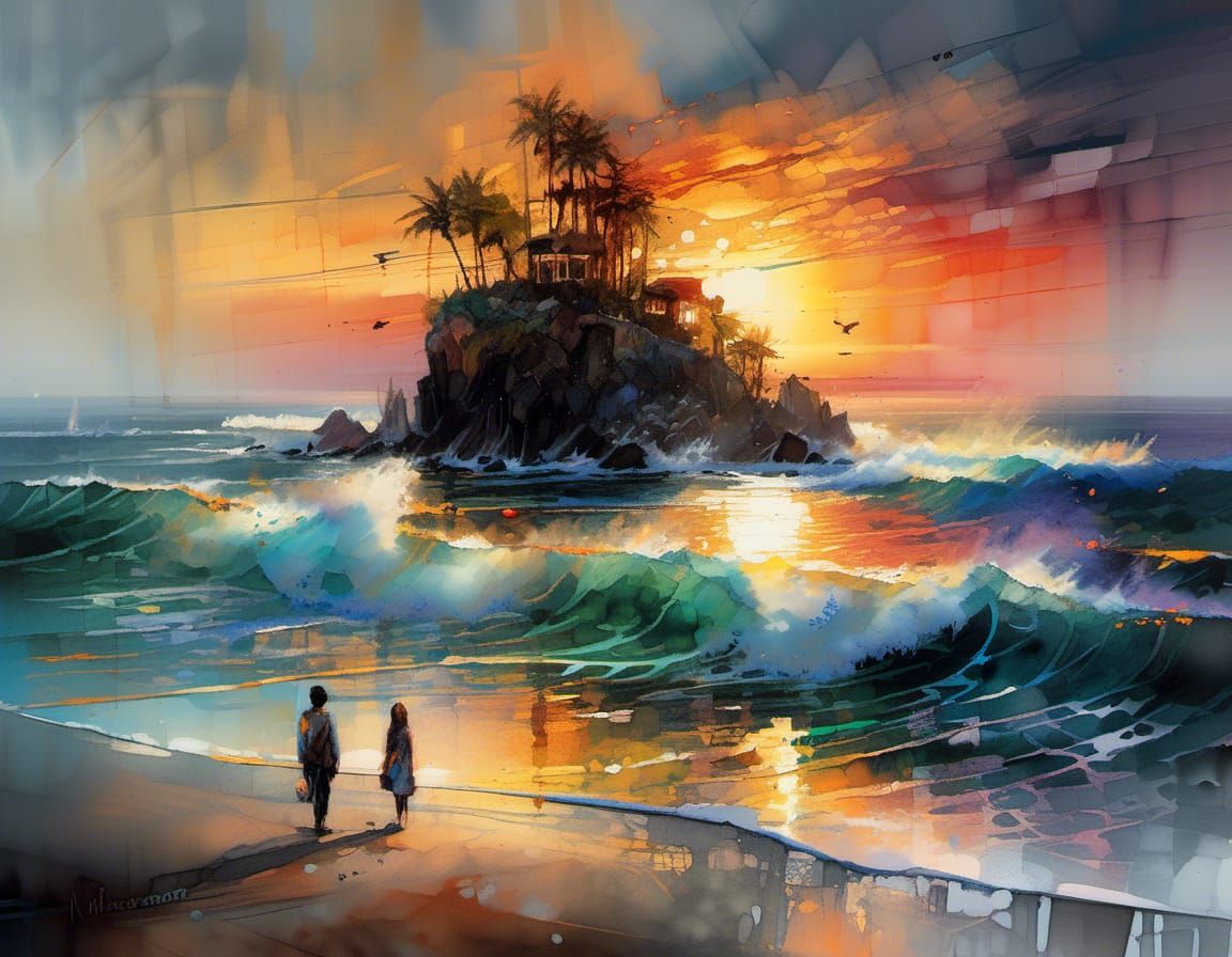 Coastal Sunset in Watercolor Style