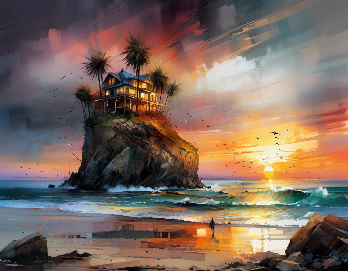 Coastal Sunset in Watercolor Style