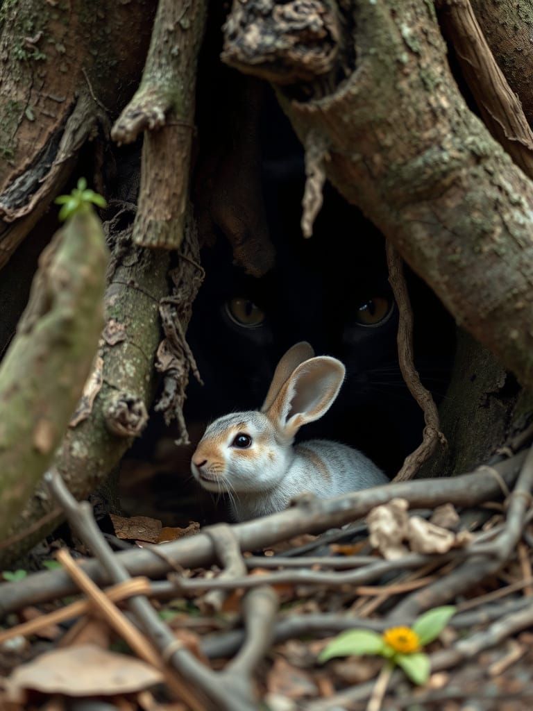 Scared Bunny Hiding From Giant Cat