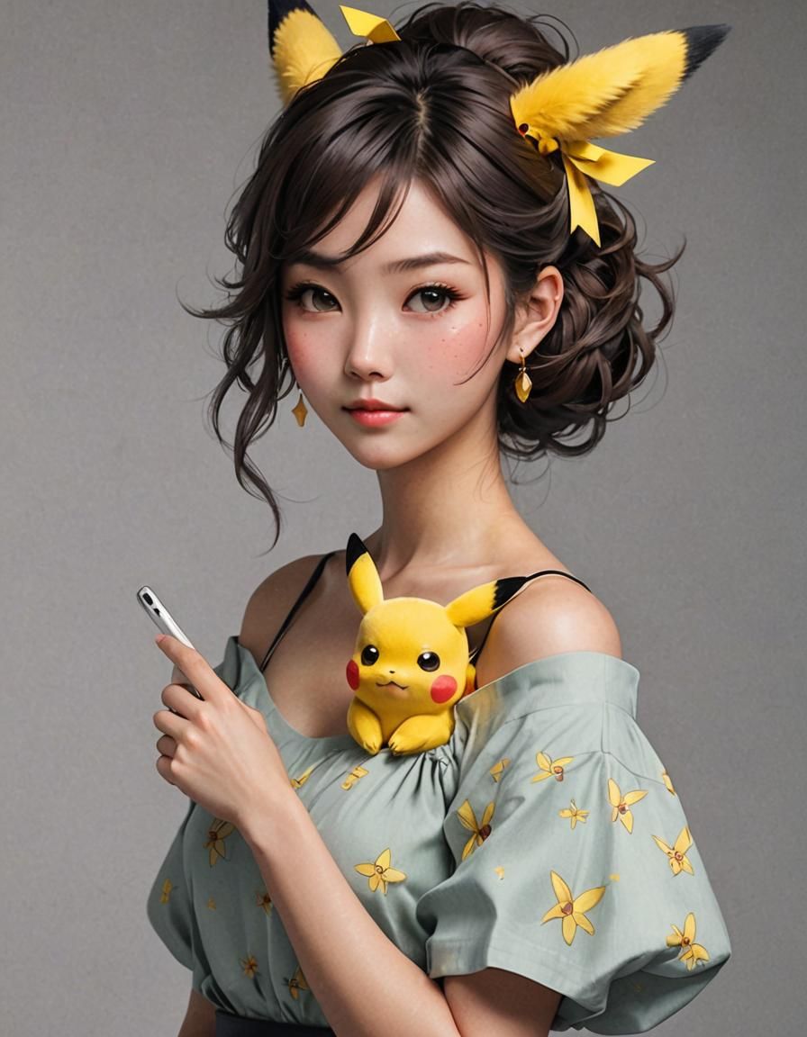 Cute Japanese Girl with Pikachu in Greg Olsen Style