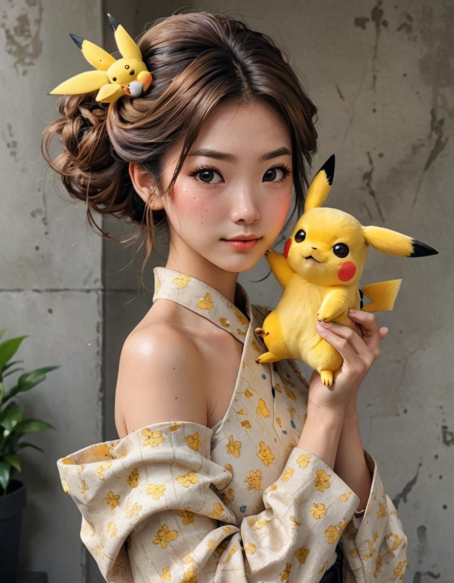 Cute Japanese Girl with Pikachu by Greg Olsen