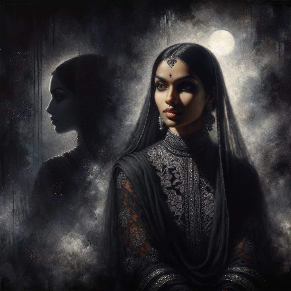 Enigmatic Woman in Shadow, Oil Painting Style