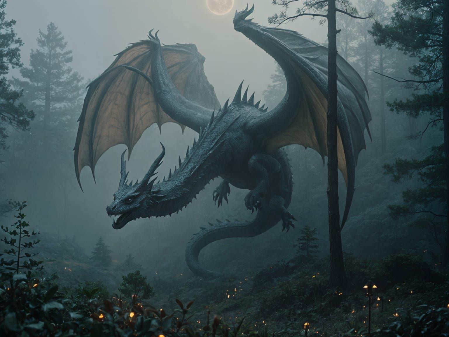 Hyperrealistic Dragon Soaring Over Misty Forest