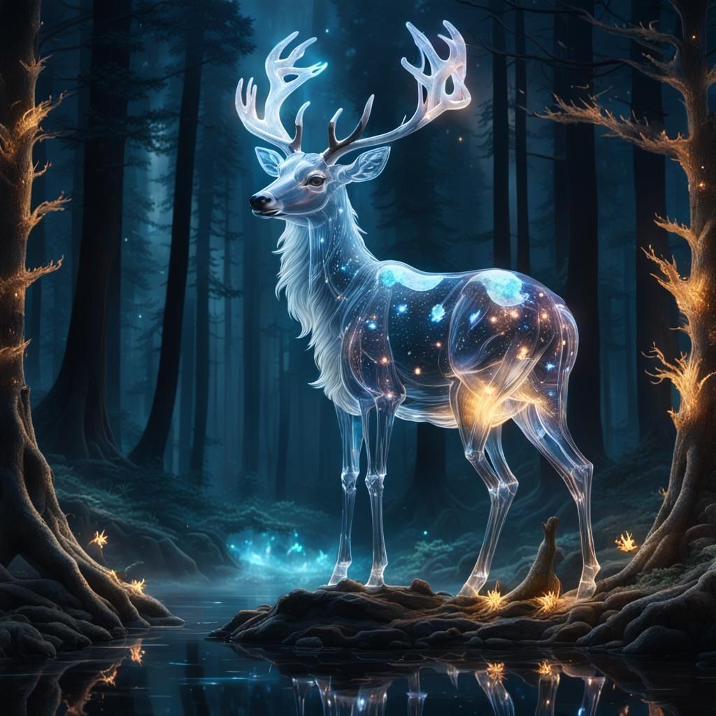 Ethereal Crystal Deer Illuminated by Fireflies