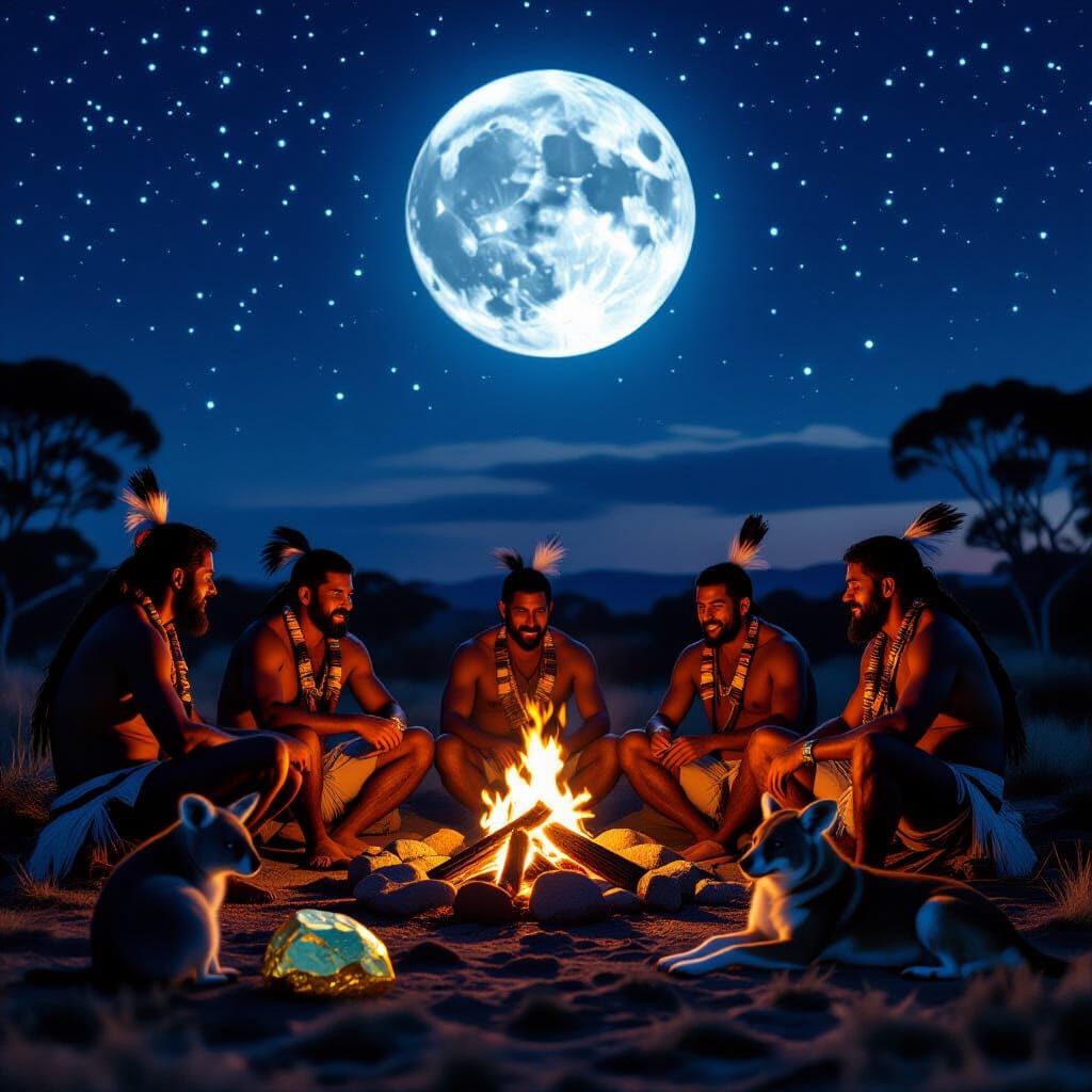 Aboriginal Men Grilling Meat Under Starry Sky