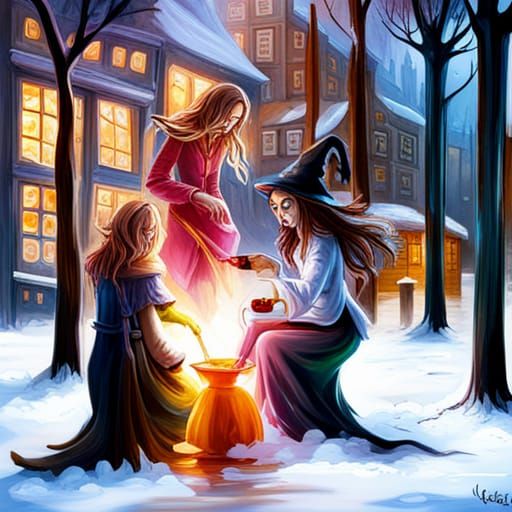 Witches Mixing Potions with Magic in Graffiti Art