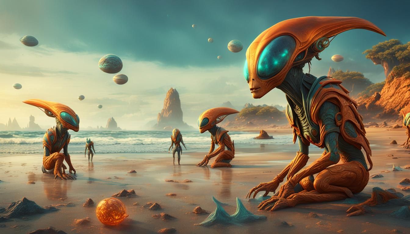 Glowing Alien Maidens Bask on a Vibrant Tropical Beach