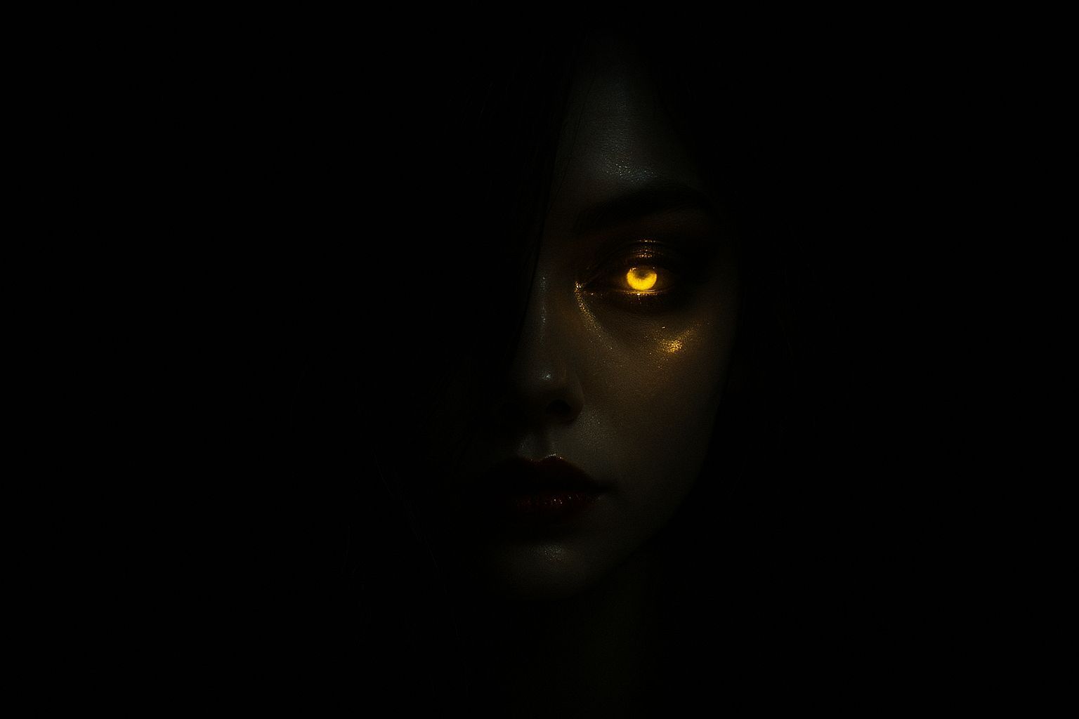 Eerie Close-Up: Face in Shadow with Glowing Eye