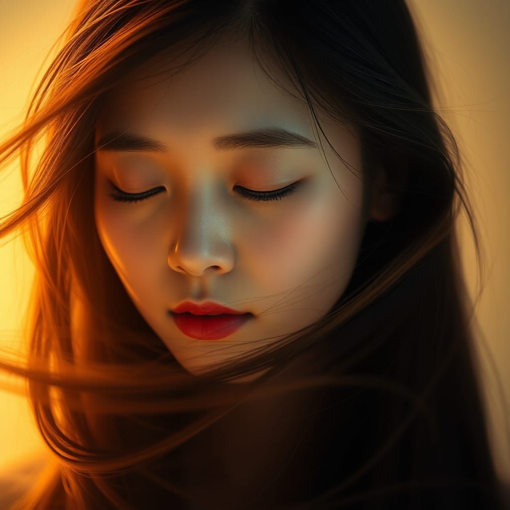 Serene Asian Woman in Contemplation, Cyberpunk-Inspired