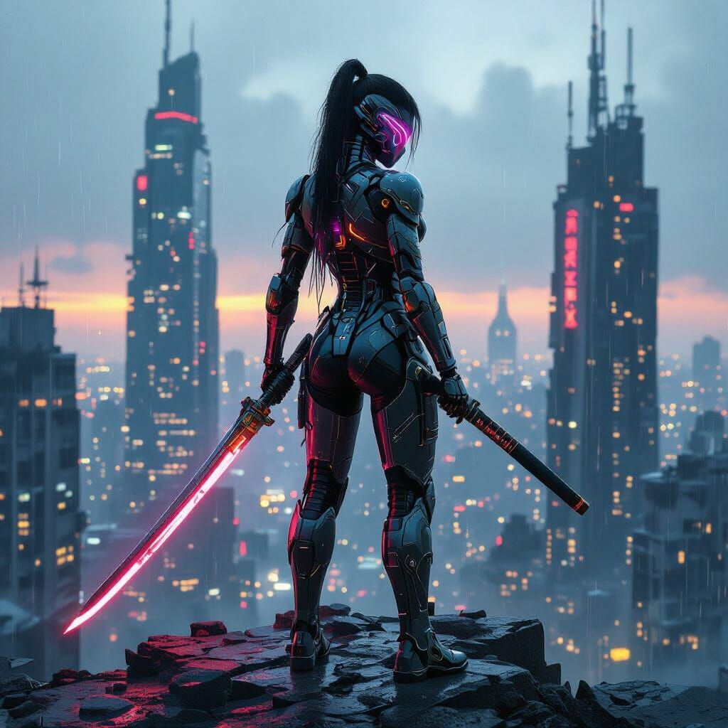 Cyberpunk Warrior Queen on Ruined Skyscraper
