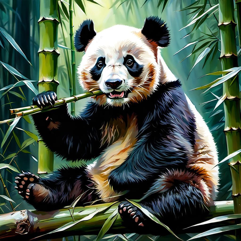 Gentle Panda Munches Bamboo in Exotic Chinese Landscape