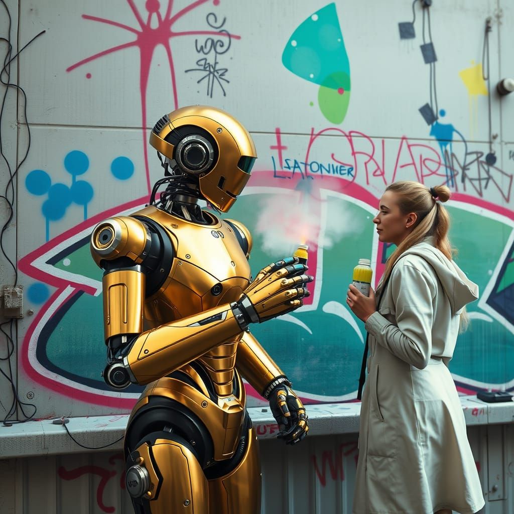 Golden Robotess and Street Artist Paint Vibrant Spacecraft G...