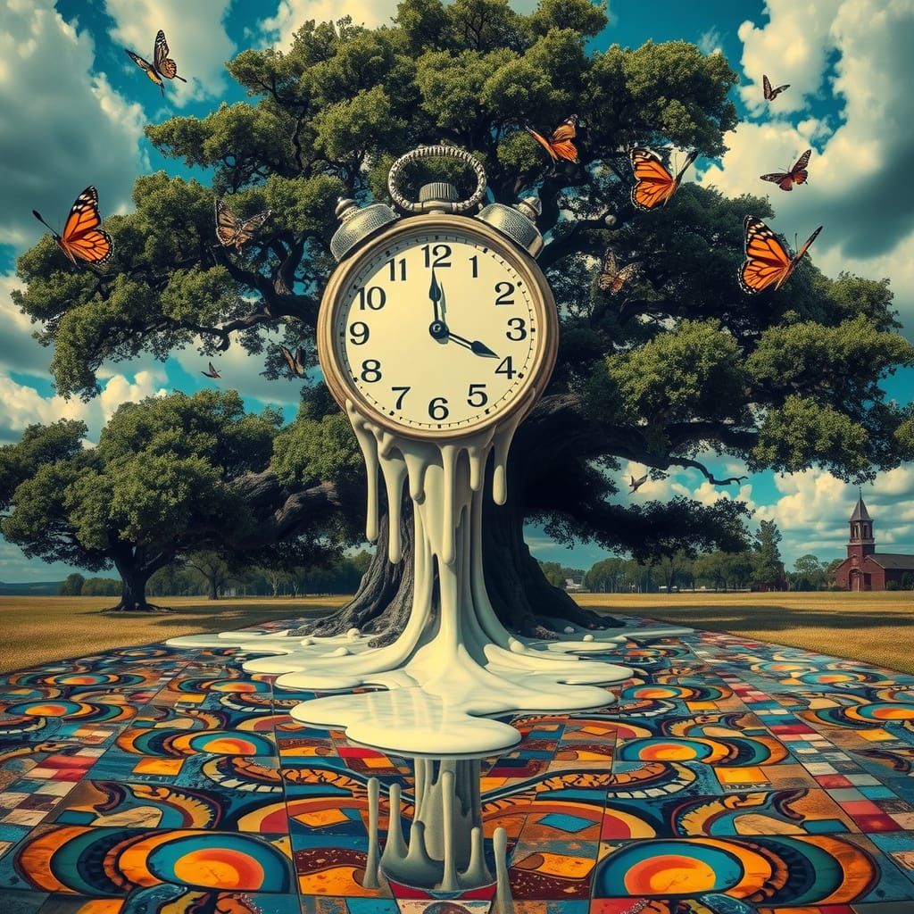 Surreal Dreamscape with Melting Clock and Butterflies