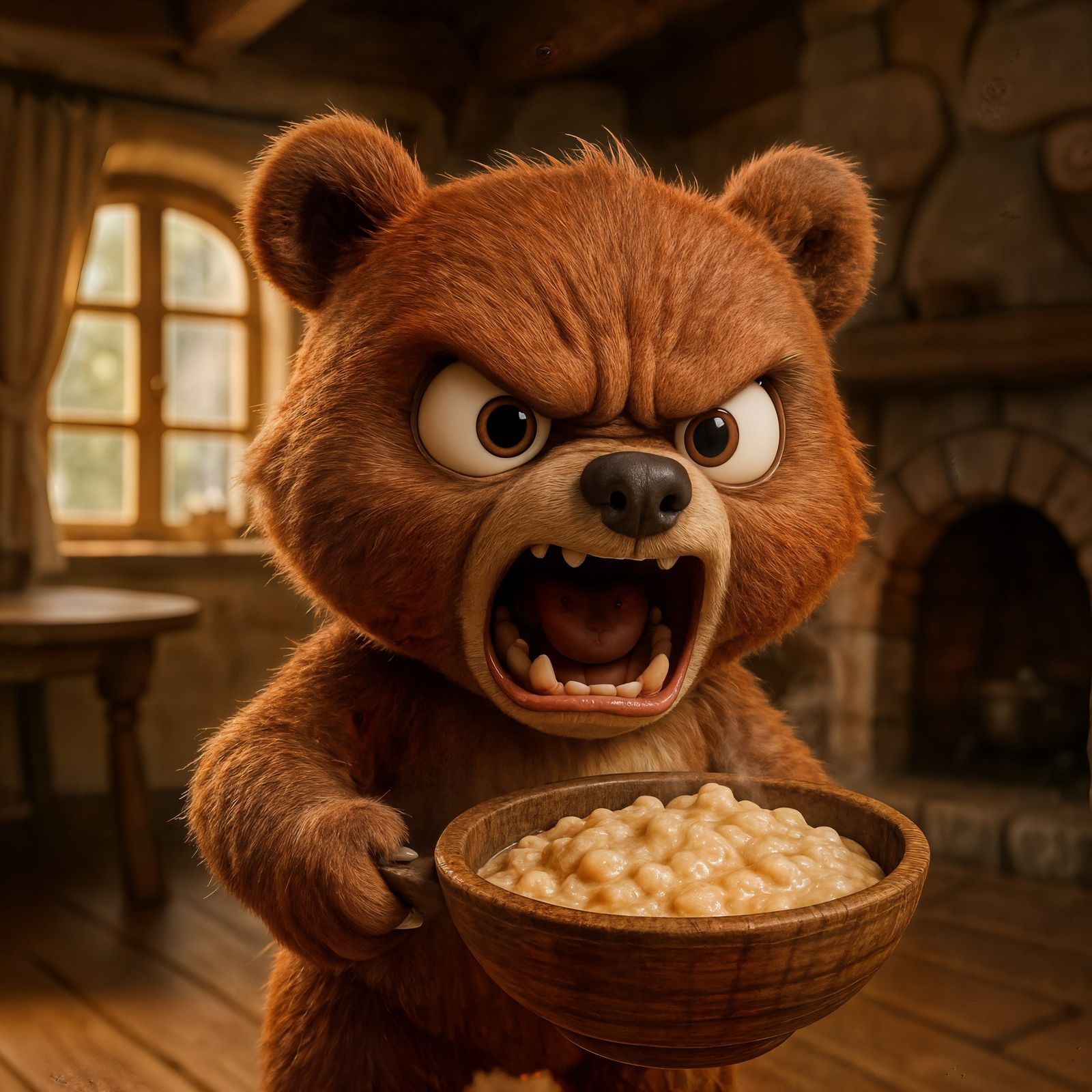 Enraged Baby Bear with Porridge Bowl Cartoon