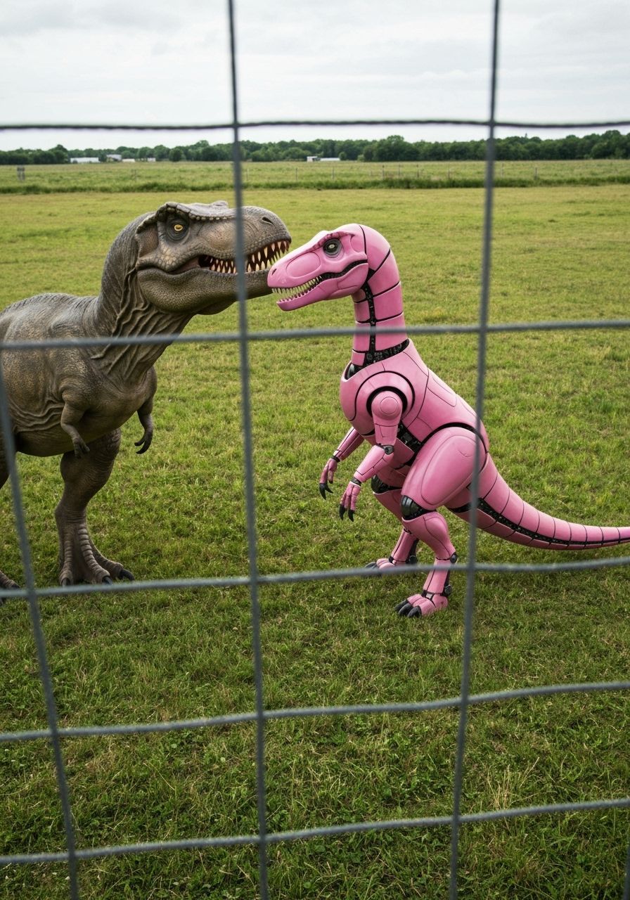T-Rex Befriends Pink Robot Companion in Grassy Enclosure