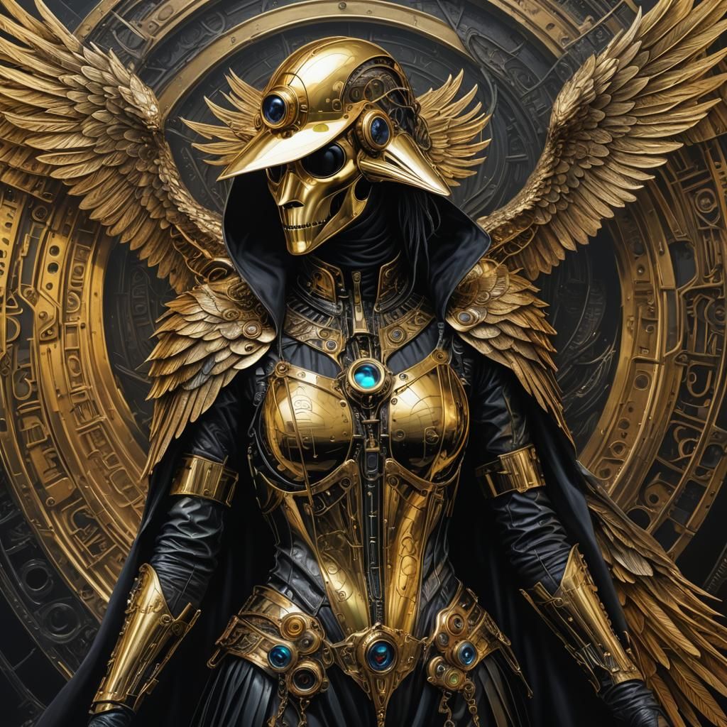 Gothic Cyborg Plague Doctor Rises in a Radiant Cyberpunk Haz...