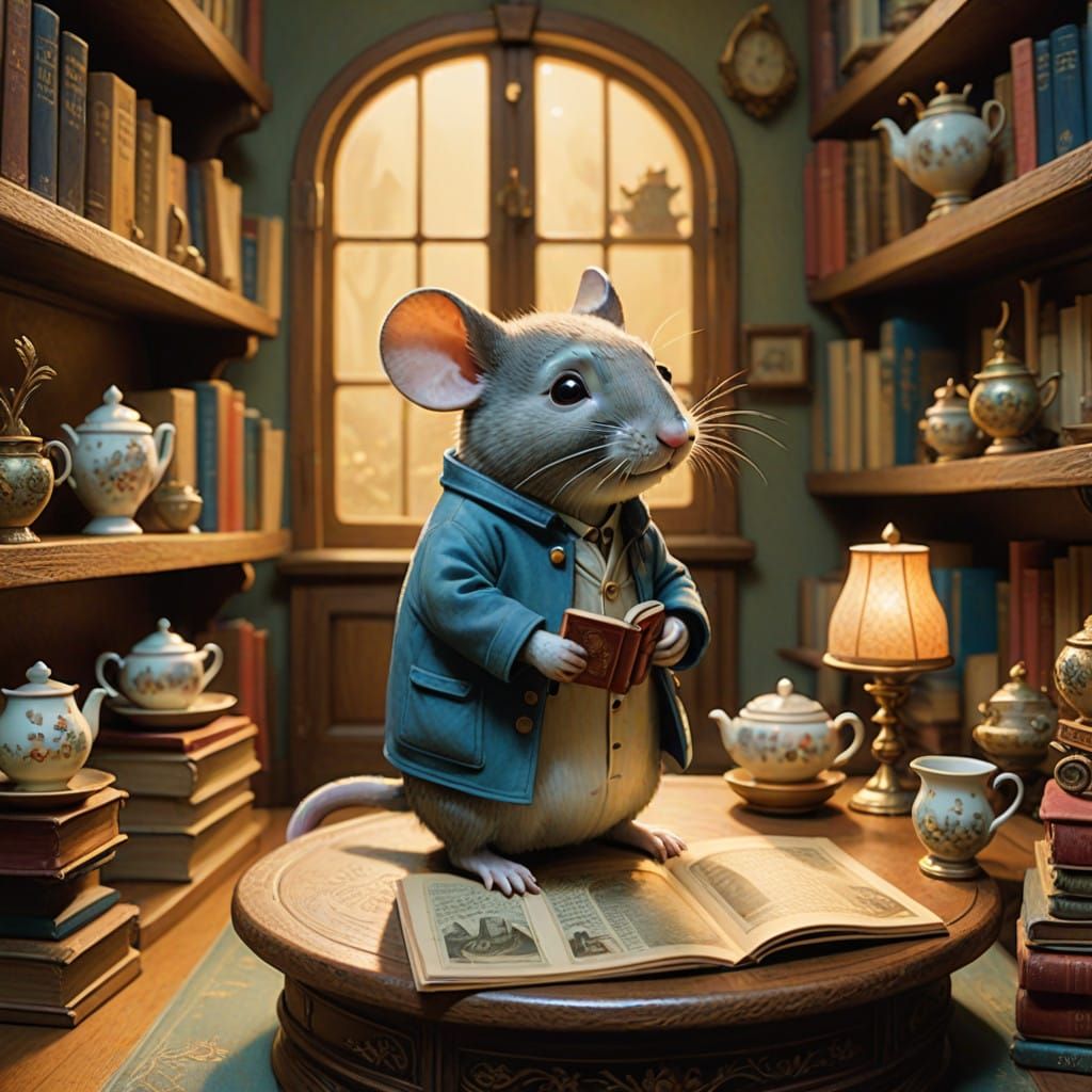 Whimsical Mouse in Vintage Dollhouse Landscape